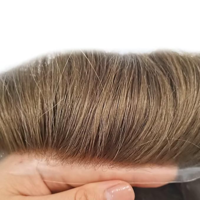 FACE MIRACLE Toupee for Men French Lace Hairpiece Human Hair Replacement System Skin PU Mens Toupee Hair Wigs for Man V-Looped Front Hair Prosthesis 6"X8" 17R#BROWN/BLONDE MIX WARM TONE