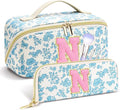 Personalized Travel Makeup Bag Set,Initial Travel Cute Floral Makeup Organizer Bag,Toiletry Skincare Cosmetic Bag,Christmas Gifts for Women/Girls,Open Flat Toiletry Pouch with Brush Pocket-N