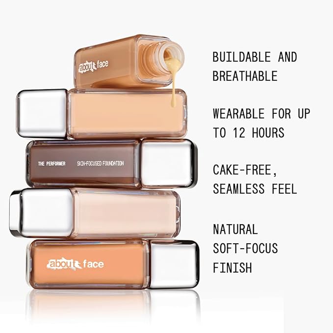 about-face THE PERFORMER Skin-Focused Foundation LM2Neutral – Medium Coverage, Long-Wear, Breathable & Buildable Base – Clean, Vegan, Hydrating Formula with Blue Agave & Chlorella – 1.08oz