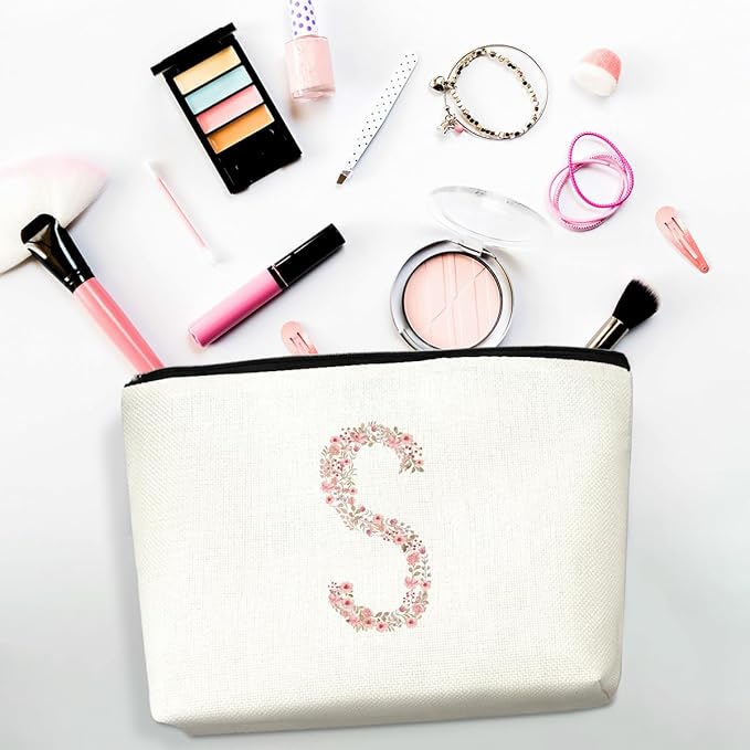 Initial Makeup Bag Floral S Personalized Cosmetic Bag Monogrammed Gifts for Women Girls Bride Bridesmaid Monogram Zipper Pouch for Teacher Appreciation Mothers Day Birthday Wedding Bridal Shower Gifts