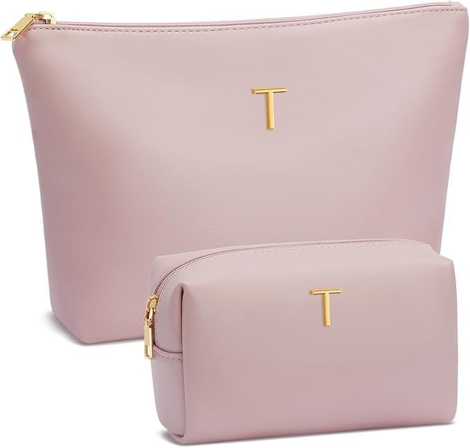 Women Gifts | Initial Makeup Bag Set for Girl Personalized Gifts for Bridesmaid Friend Graduation Teachers PU Leather Cosmetic Travel Toiletry Bag(Pink,T)