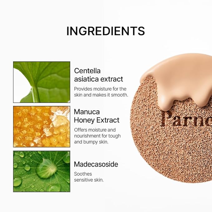Parnell Cicamanu Serum Cushion - Moisturizing Foundation for Soothing, Coverage, Glass Skin and Lightweight for Sensitive and Dry Skin Pearl Skin (0.52 Fl Oz) (29C)