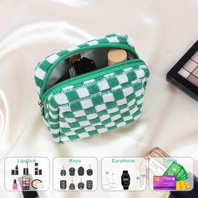 Small Green Makeup Bag for Purse, Mini Checkered Cosmetic Bag Zipper Cute Make Up Pouch Travel Toiletry Bag Quilted Aesthetic Accessories Makeup Storage Bag Organizer for Women Girls