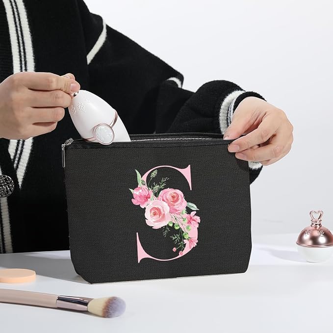 A-Z Personalized Cosmetic Bag Monogrammed Makeup Bags Bridesmaid Gifts Custom Toiletry Pouch Gifts for Women Mom Best Friend Sister Bride Bridesmaid (S)