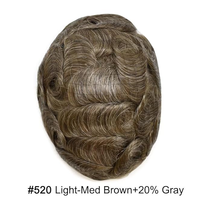 FACE MIRACLE Hair System for Men French Lace Mens Toupee Human Hair Replacement System Lace with PU Toupee for Men Male Hair Piece Wigs 6"X8" #520 5# MEDIUM LIGHT BROWN WITH 20% SYNTHETIC GREY