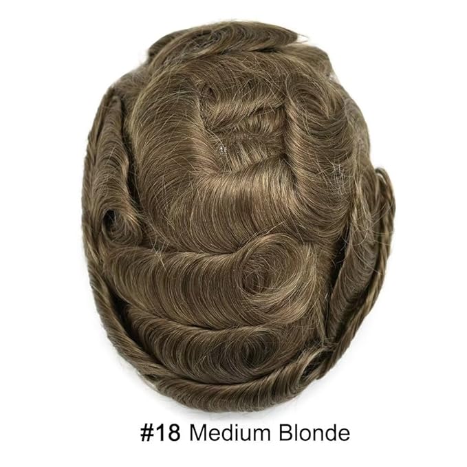 FACE MIRACLE Mens Toupee Lace Front Hairpieces Soft Human Hair Replacement System Natural Hairline Toupee for Men French Lace Poly V-Looped Mens hair Units 6"X8" #18 Medium Blonde