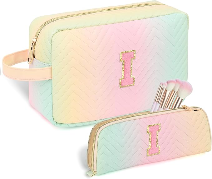 Personalized Initial Makeup Bag Trendy Stuff Leather Waterproof Cosmetic Bag Travel Toiletry Bag, Christmas/Thanksgiving/Halloween Gifts Makeup Organizer Case for Women Girls Mom Girlfriend Wife