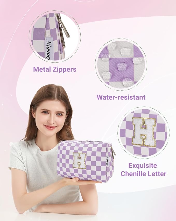 Narwey Birthday Gifts for Women Teen Girls Kids Personalized Initial Makeup Bag Monogram Preppy Cosmetic Bag Trendy Stuff 6 8 10 11 12 13 14 16 18 Years Old Travel Toiletry Bag (Purple Letter H)