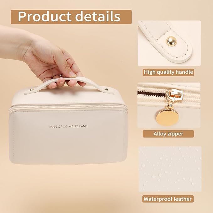 3 Pcs Travel Makeup Bag Portable Large Capacity Cosmetic Bags for Women Open Flat Makeup Case Organizer Bag Set of 3 Waterproof PU Leather Toiletry Bags with Divider and Handle (White, Medium)