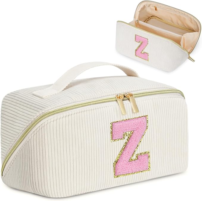 Personalized Initial Makeup Bag,Christmas Gifts for Girl,Preppy Bag Cosmetic Travel Bag Women,Travel Toiletry Organizer,Large Capacity Corduroy Stuff Bag,Cute Cosmetic Pouch Skincare Bag-Z