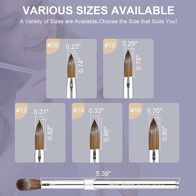 Acrylic Nail Art Brush Size 16, 100% Pure Kolinsky Hair Oval for Application, Professional Extension Manicure Tool Striping Drawing Pen DIY Home Salon, Silver, 1.0 Count