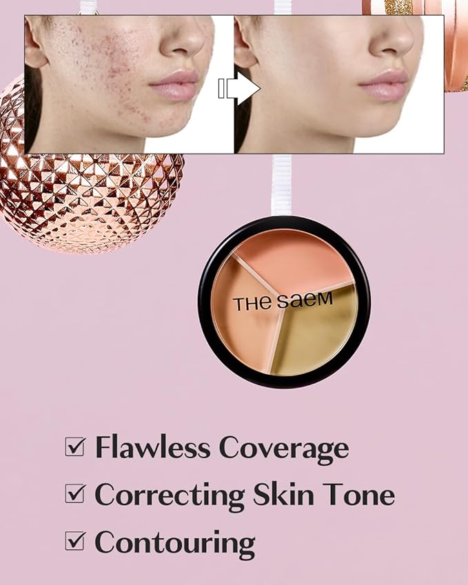 THESAEM Cover Perfection Triple Pot Concealer - 3 Color Concealer with Clear Beige, Green & Peach Shades - Full Coverage to Correct & Conceal Redness, Dark Circles, 01 Correct Beige