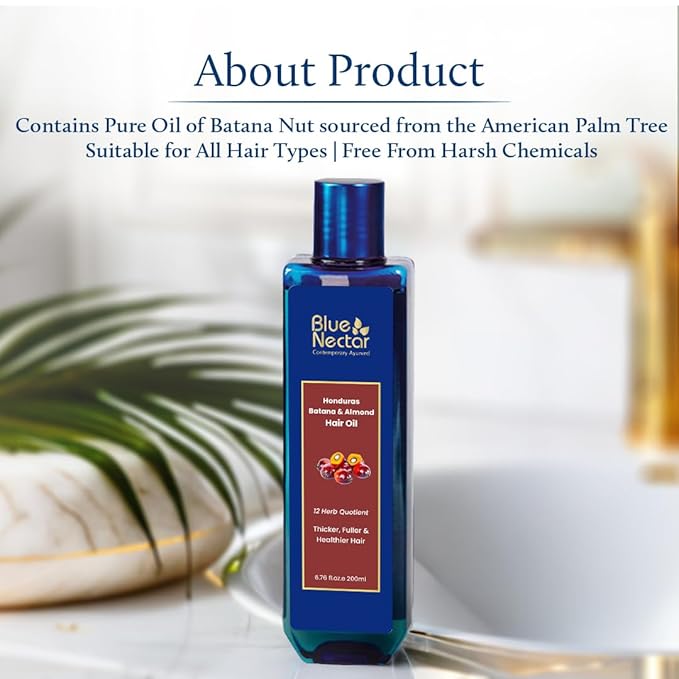 Blue Nectar Batana Oil for Thicker Hair | Pure Honduras Batana Oil for Hair Growth with Organic Almond | Ayurvedic Hair Growth for Stronger Hair (12 Herbs, 3.38 FlOz)