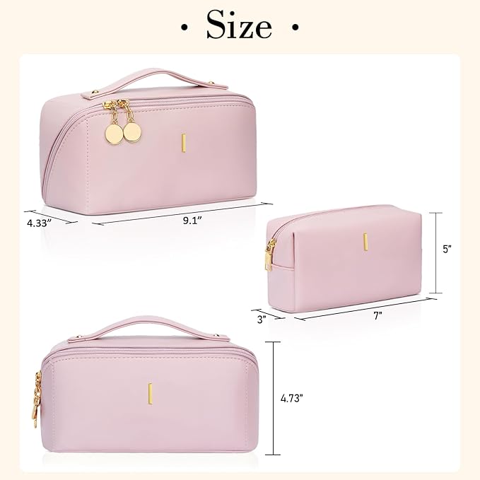 Birthday Gifts for Women Teen Girl, Personalized Initial Makeup Organizer Bag Set, Open Flat Travel Cosmetic Bag With Clear Divider and Handle(Pink,I)