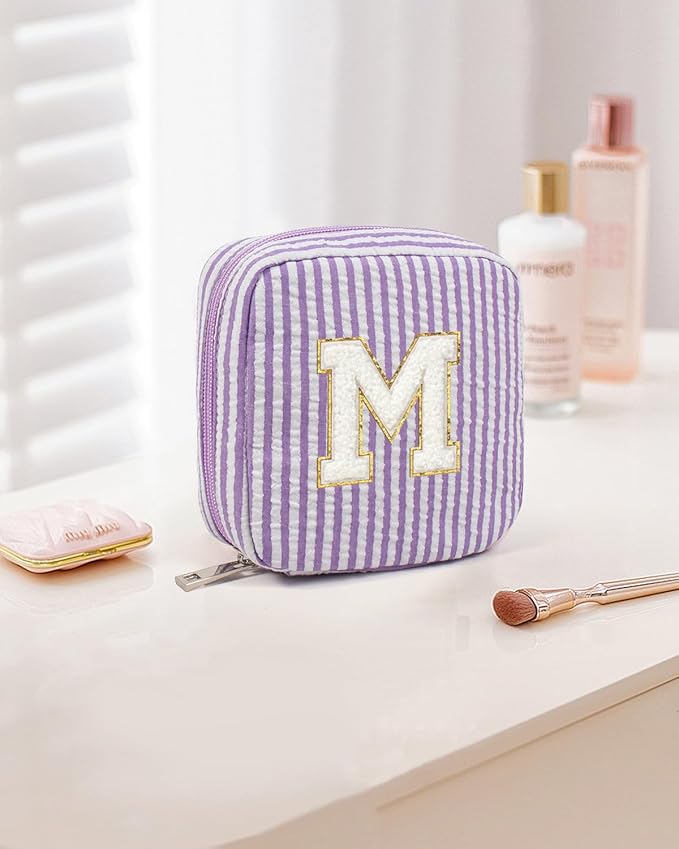 Purple Cute Travel Makeup Bag - Preppy Makeup Bag Sweet 16 Gifts Sister Girlfriend Gifts Monogram Makeup Bag Make Up Bag Large Cosmetic Bags for Women Friend Graduation Gifts for Her