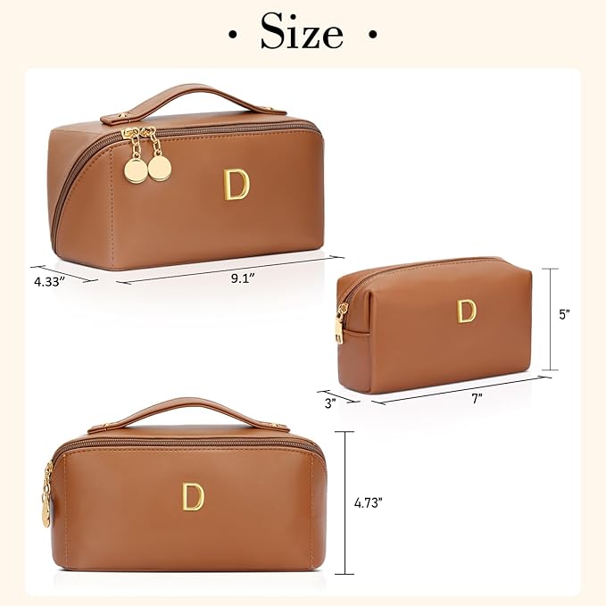 Birthday Gifts for Women Teen Girl, Personalized Initial Makeup Organizer Bag Set, Open Flat Travel Cosmetic Bag With Clear Divider and Handle(Brown,D)