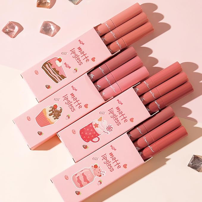 3Pcs Nude Matte Lipstick Set, Ice Cream Velvet Smooth Matte Lip Gloss, 24 Hour Natural Long Lasting & Nourishing Lip Glaze Non-stick Cup for Women Makeup (Set B)