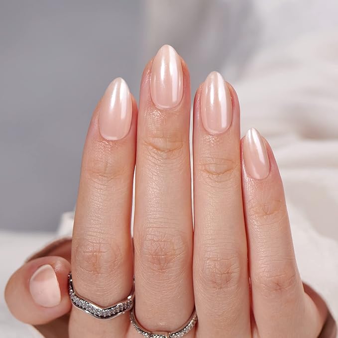 BTArtbox Press On Nails Almond - Short Nude Natural Nails Press Ons, Glue On Nails for Wedding Birthday Gift, Supremely Fit & Glossy Stick On Nails in 15 Sizes - 30 Nail Kit, Nudies