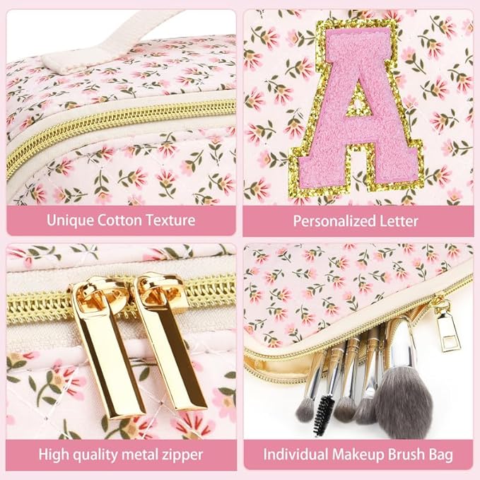 Personalized Travel Makeup Bag Set,Initial Travel Cute Floral Makeup Organizer Bag,Toiletry Skincare Cosmetic Bag,Christmas Gifts for Women/Girls,Open Flat Toiletry Pouch with Brush Pocket-K