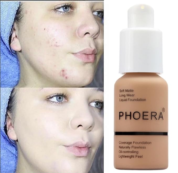2 Pack PHOERA Foundation 102# Nude and 104# Buff Beige,Full Coverage Flawless Soft Matte 24 HR Oil Control Waterproof Concealer Liquid Foundation Makeup. ﻿