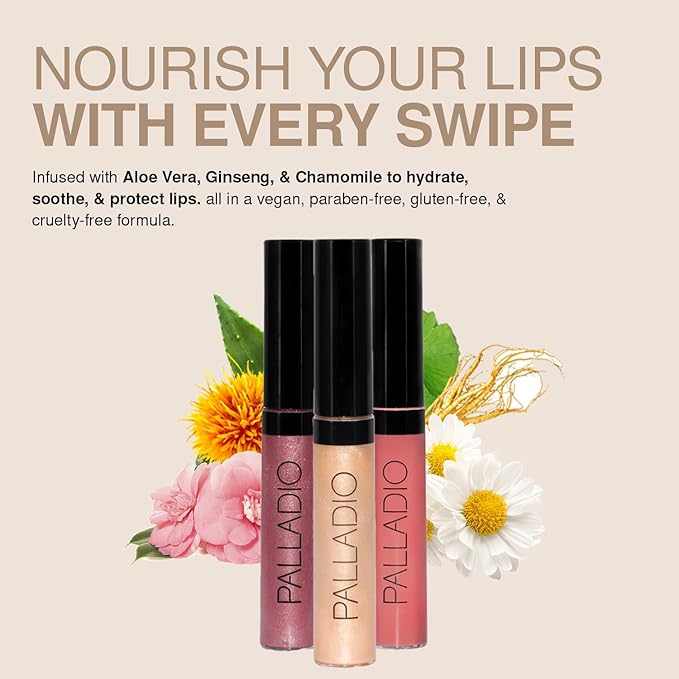 Palladio Lip Gloss, Pure Natural, Non-Sticky Lip Gloss, Contains Vitamin E and Aloe, Offers Intense Color and Moisturization, Minimizes Lip Wrinkles, Softens Lips with Beautiful Shiny Finish