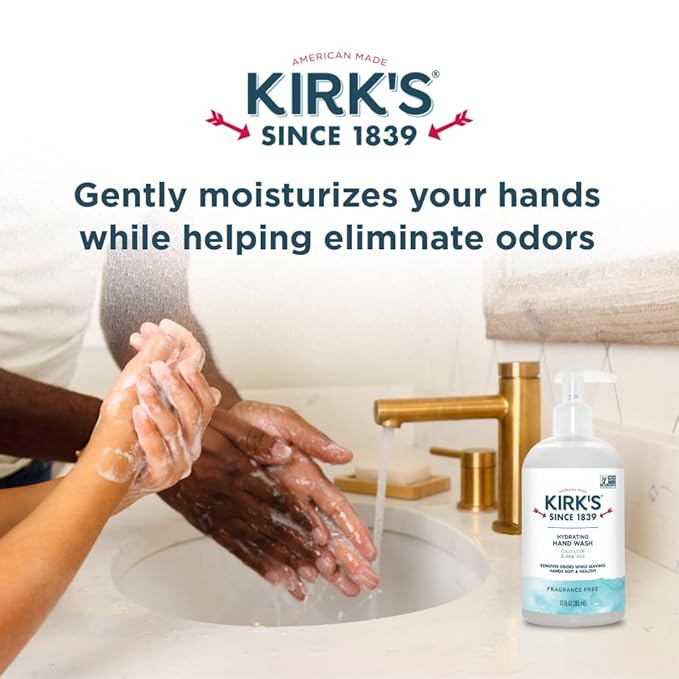 Kirk's Hydrating Hand Wash - Made with Coconut Oil and Aloe Vera, With Odor Neutralizing Technology To Help Eliminate Odors, Non-GMO, Vegan, Fragrance Free, 12 Fl Oz.