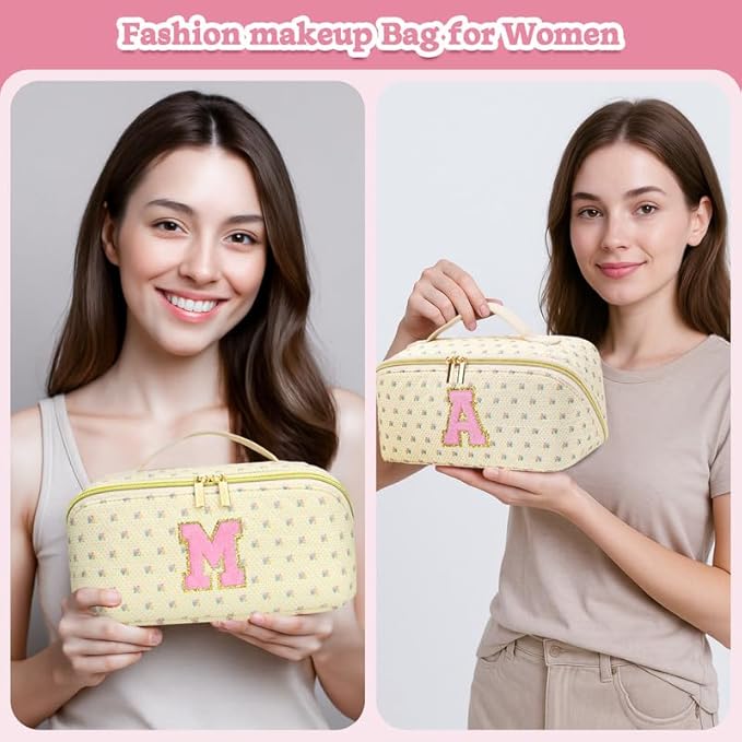 Personalized Travel Makeup Bag Set,Initial Travel Cute Floral Makeup Organizer Bag,Toiletry Skincare Cosmetic Bag,Christmas Gifts for Women/Girls,Open Flat Toiletry Pouch with Brush Pocket-B