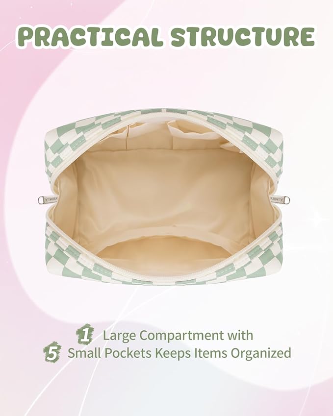 Narwey Personalized Initial Makeup Bag Toiletry Bag Gifts for Women Girls Large Checkered Makeup Bag Zipper Pouch Travel Cosmetic Bag Organizer for Women (Mint Green Checkerboard Letter P)