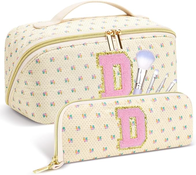 Personalized Travel Makeup Bag Set,Initial Travel Cute Floral Makeup Organizer Bag,Toiletry Skincare Cosmetic Bag,Christmas Gifts for Women/Girls,Open Flat Toiletry Pouch with Brush Pocket-D