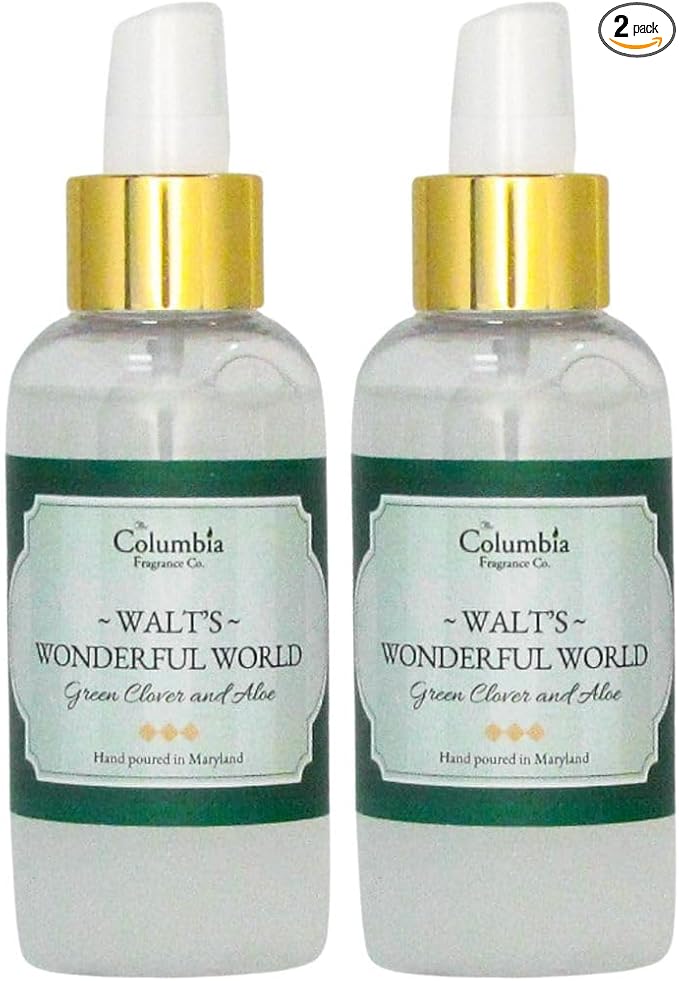 Walt’s Wonderful World Disney Room Spray – Set of 2 – Long-Lasting Disney-Inspired Green Clover & Aloe Scent – Fresh Disney World Hotel & Park Magic Spray – 4 oz Each
