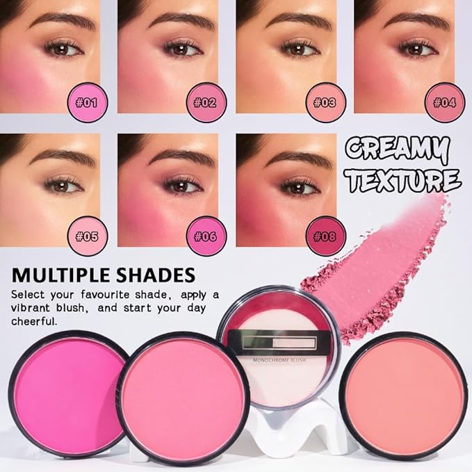 Natural Single Matte for Face Cheeks Blush with Makeup Powder Puff, Pink Red Monochrome Blush Cream Powder Makeup Palette Blushes Long-lasting Color Blendable Foundation for Women Every Day 02