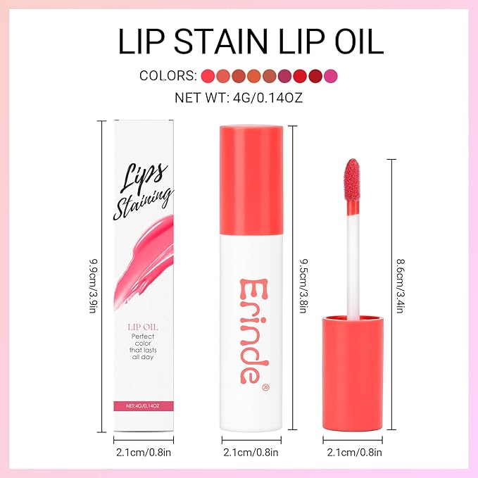 Erinde Lips Staining Lip Oil, Glossy Lip Stain, Long-Lasting Lightweight Lip Staining Oil, Moisturizing Plumping Hydrating Glossy Lip Tint, Vegan & Cruelty-Free, 01