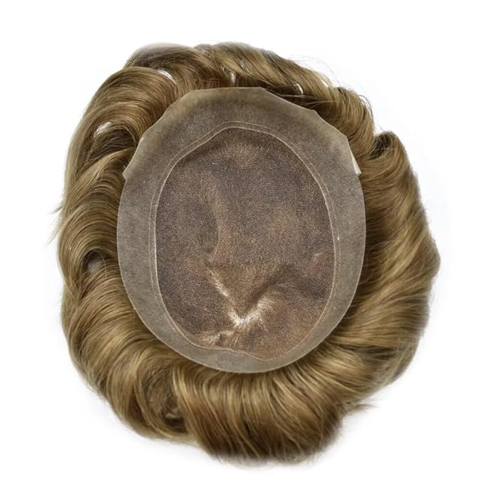 FACE MIRACLE Mens Toupee Lace Front Hairpieces Soft Human Hair Replacement System Natural Hairline Toupee for Men French Lace Poly V-Looped Mens hair Units 6"X8" 7# VERY LIGHT BROWN