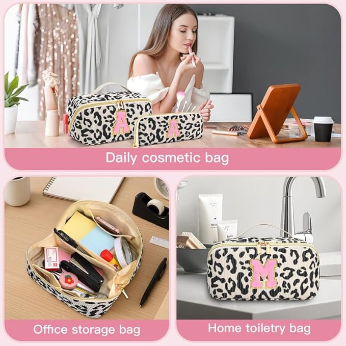 Personalized Travel Makeup Bag Set,Initial Travel Cute Leopard Makeup Organizer Bag,Toiletry Skincare Cosmetic Bag,Christmas Gifts for Women/Girls,Open Flat Toiletry Pouch with Brush Pocket-R