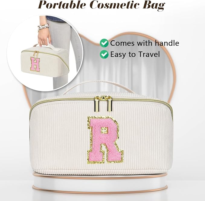 Personalized Initial Makeup Bag,Christmas Gifts for Girl,Preppy Bag Cosmetic Travel Bag Women,Travel Toiletry Organizer,Large Capacity Corduroy Stuff Bag,Cute Cosmetic Pouch Skincare Bag-X