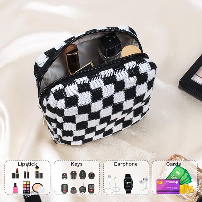 2 Pieces Makeup Bag Set, Small Black Checkered Cosmetic Bag Travel Toiletry Organizer Mini Cosmetic Pouch Case Makeup Brushes Cute Quilted Aesthetic Accessories Storage Bag for Women