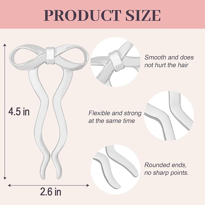 2PCS 5.5Inch Bow French Hair Pins Large U-Shaped Pins for Women and Girls Fashion Metal Hair Pin French Twist Hair Pins for Buns, Updos,Stylish and Functional(set5-silver)