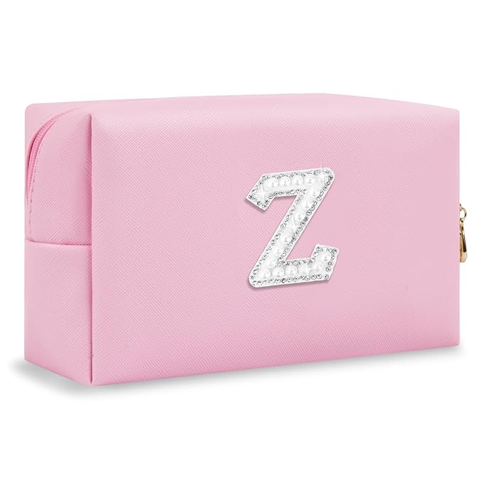 ChaoGreat Bride Gifts – Personalized Initial Makeup Bag with Pearl Rhinestone Patch, Preppy Pink Monogram Cosmetic/Toiletry Pouch, bridesmaid Gifts, Bridal Shower Gifts, Wedding Gifts, Bridal Gifts,Z
