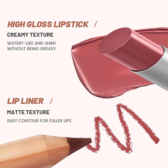 Erinde 2pcs Lip Liner and Lipstick Combo Set, Matte Lipliner Pencil & Hydrating Lip Gloss Makeup Kits for Women, Waterproof, Long Lasting, Highly Pigmented, Nude Brown Natural Lipstick, 01