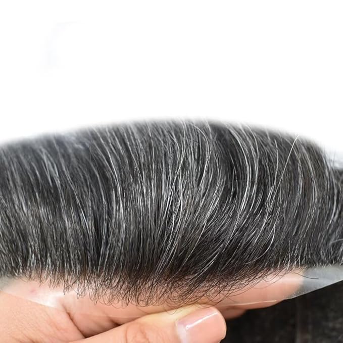 FACE MIRACLE Toupee for Men French Lace Hairpiece Human Hair Replacement System Skin PU Mens Toupee V-Looped Front Hair Piece 6X9#1B40 1B# OFF BLACK WITH 40% SYNTHETIC GREY-80% Light Density