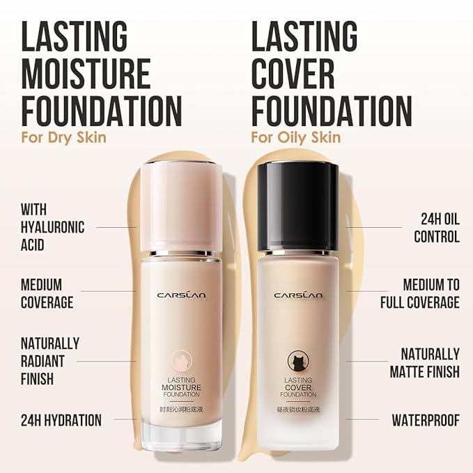 CARSLAN Lasting Cover Foundation, 24H Longlasting Full Coverage Matte Finish Face Makeup, Poreless, Lightweight, Waterproof, Oil Free Liquid Foundation, P01