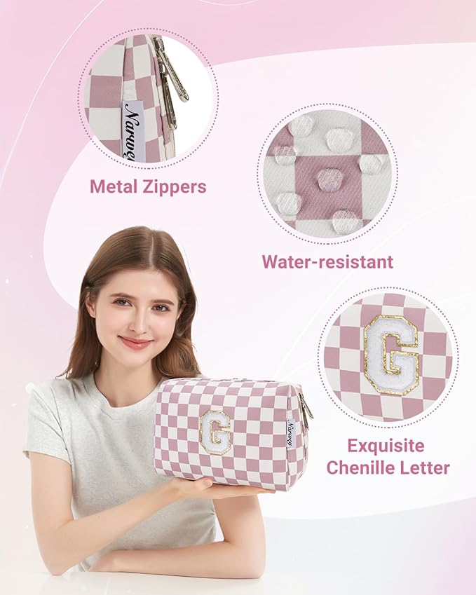 Narwey Birthday Gifts for Teen Girls Kids Women Personalized Initial Checkered Makeup Bag Pink Monogram Cosmetic Bag Trendy Stuff 6 8 10 11 12 13 14 16 18 Years Old Travel Toiletry Bag (Dusty Rose G)