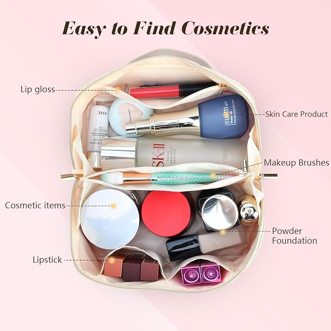 for Christmas Day Gifts, Makeup Bag for Women, PU Leather Travel Toiletry Bags, Initial Make Up Cosmetic Pouch for Teen Girls, Wide Open Portable Skincare Bag, Personalized Birthday Gifts, White V