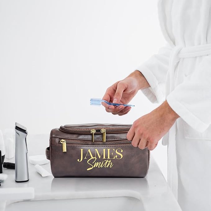 Personalized Toiletry Bag for Men, Engraved Name Initials Toiletry Bag, Customized Monogram Travel Shaving Dopp Kit for Groomsmen, Gift for Christmas, Birthday, Dad, Husband, Grandpa (Brown)