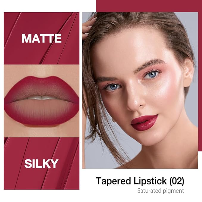 evpct Wine Red Gradient Matte Lipstick Lip Liner Crayon Combo Pencil Set for Women Long Lasting Waterproof, Plum Red Matte Cream Lip Liner and Lipstick Combo Makeup Set, Flawless Gradual Ombre Effect