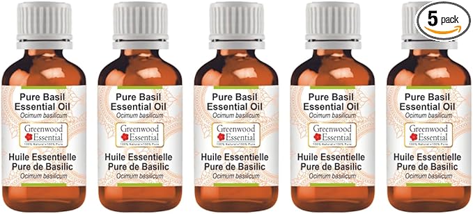Greenwood Essential Pure Basil Essential Oil (Ocimum basilicum) Steam Distilled (Pack of Five) 100ml X 5 (16.9 oz)