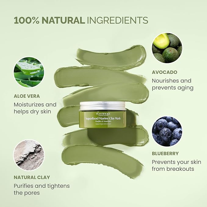 PLANTIFIQUE Korean Skincare Clay Mask – Hydrating Mud Mask with Avocado & Superfoods, Dermatologist-Tested for Face & Body – Vegan, 3.4 Oz/100ml (Pack of 2)