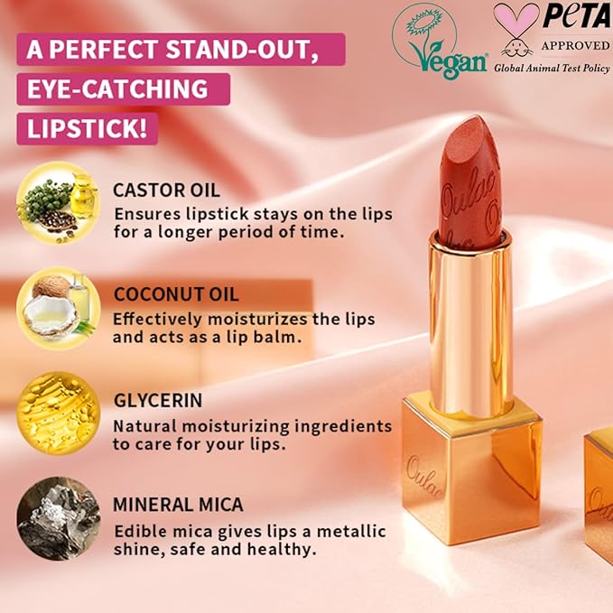 Oulac Orange Lipstick Set 2PCS - Metallic and Sheer Orange Lipstick, Vegan Hydrating Formula, 05+PG04