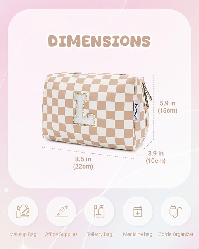 Narwey Birthday Gifts for Women Teen Girls Kids Personalized Initial Checkered Makeup Bag Cute Cosmetic Bag Trendy Stuff 6 8 10 11 12 13 14 16 18 Years Old Travel Toiletry Bag (Brown Checker Letter L)