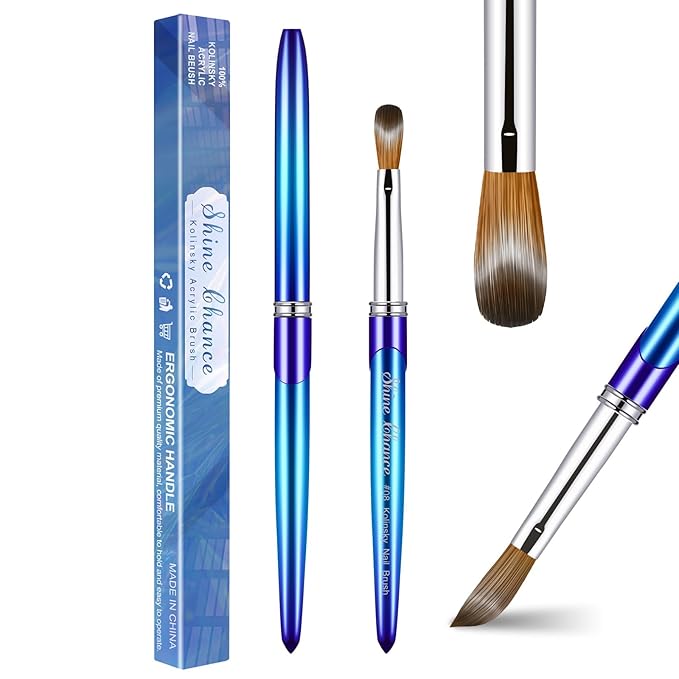 Acrylic Nail Brush Size 8, 100% Pure Kolinsky 3D Art Nail Brush with Gradient Blue Handle, Art Design Powder Nail Brush Pen for Nails Extension & Carving, Acrylic Application Tools
